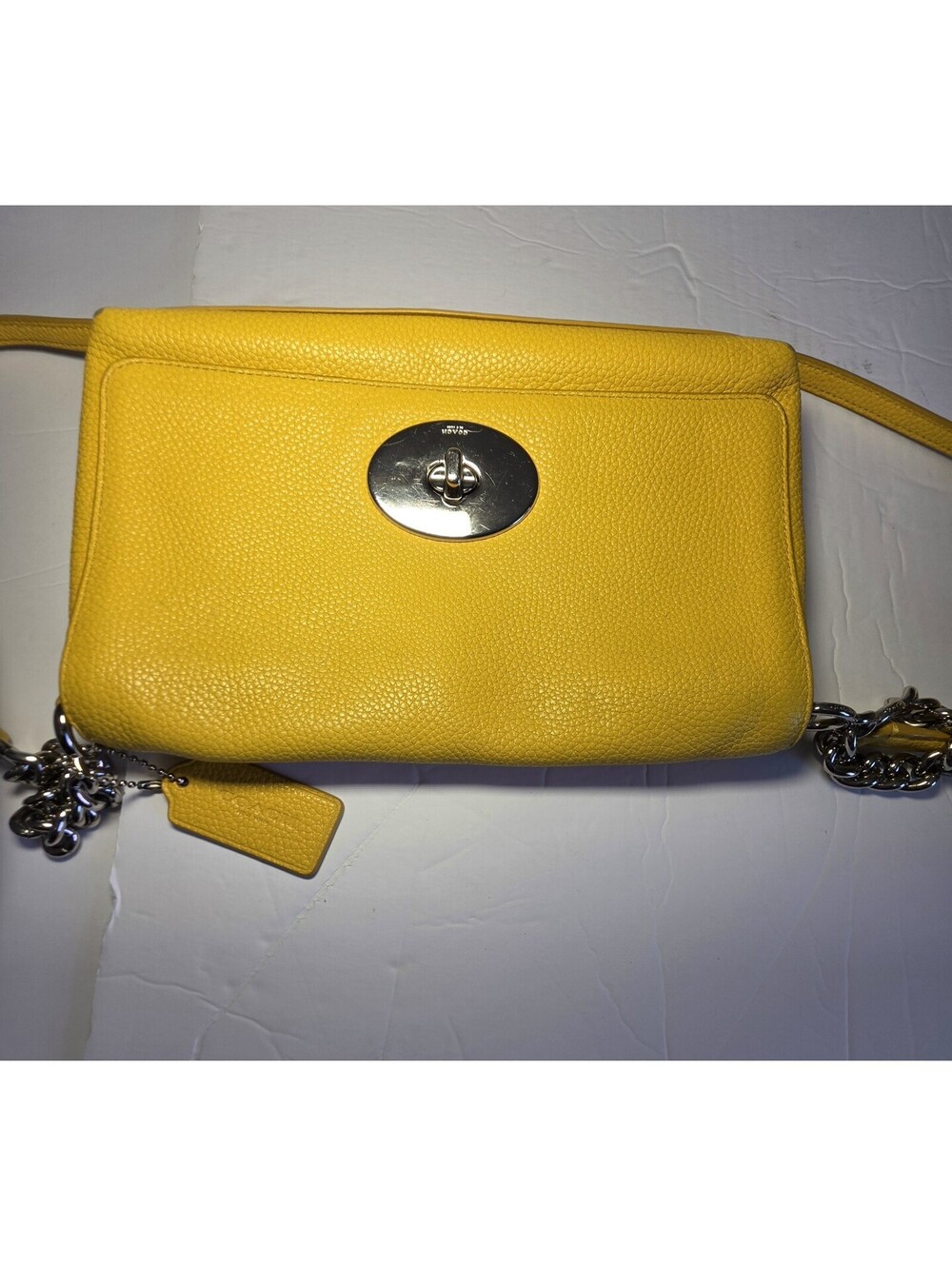 Coach Yellow Pebbled Crossbody Bag w/Chain Strap Turn Lock Silver Hardware